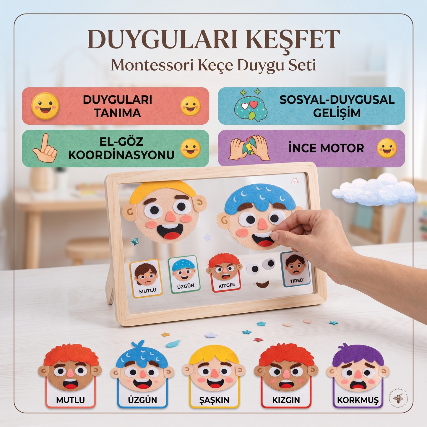 Duygular Öğreten Yüz Değiştiren Keçe Oyuncak | Çift Yüzlü Montessori Eğitim Set