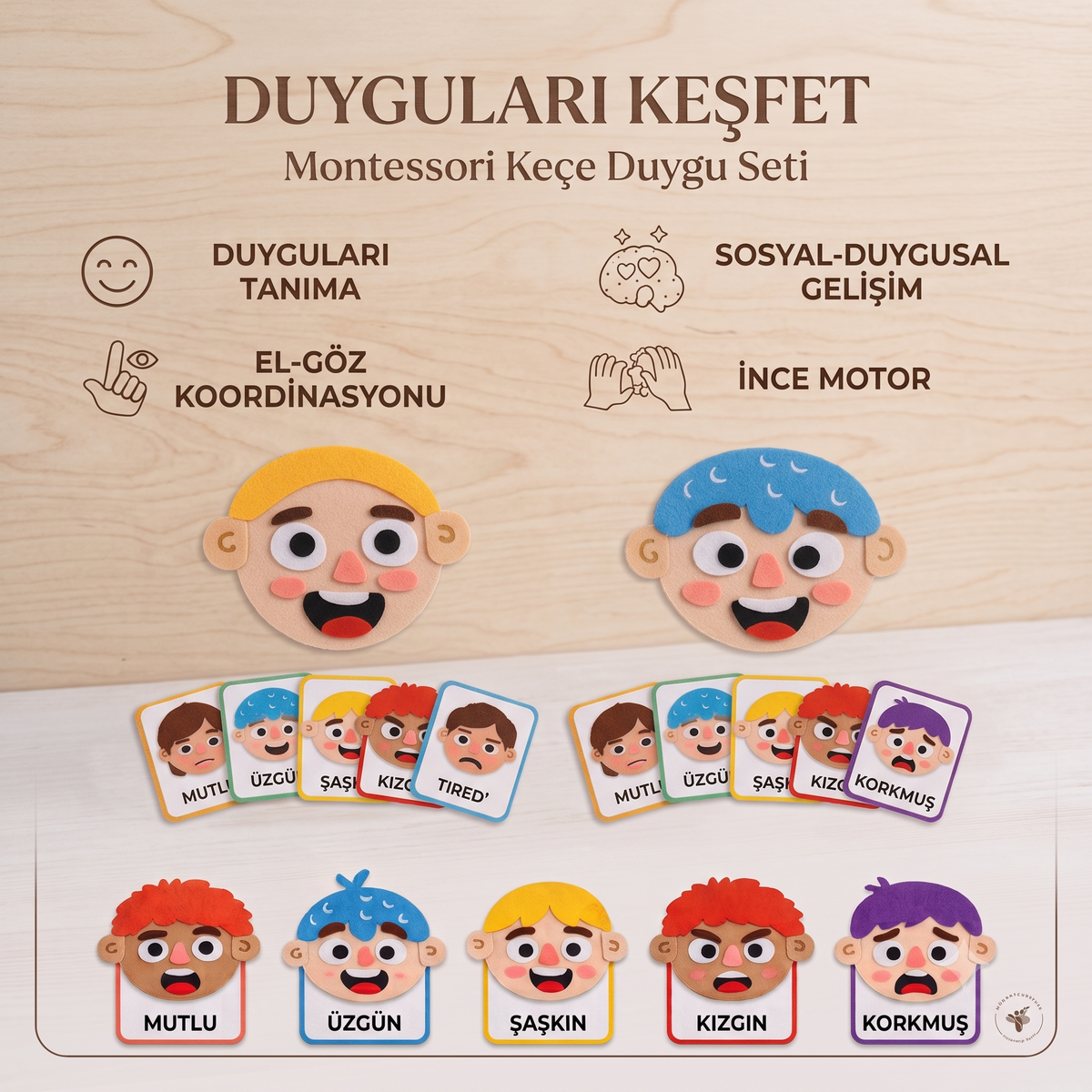 Duygular Öğreten Yüz Değiştiren Keçe Oyuncak | Çift Yüzlü Montessori Eğitim Set